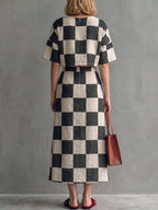 Women's Plaid-print Cotton-linen Two-piece Set: Short-sleeve Crewneck Loose-fit Top & High-waisted A-line Skirt