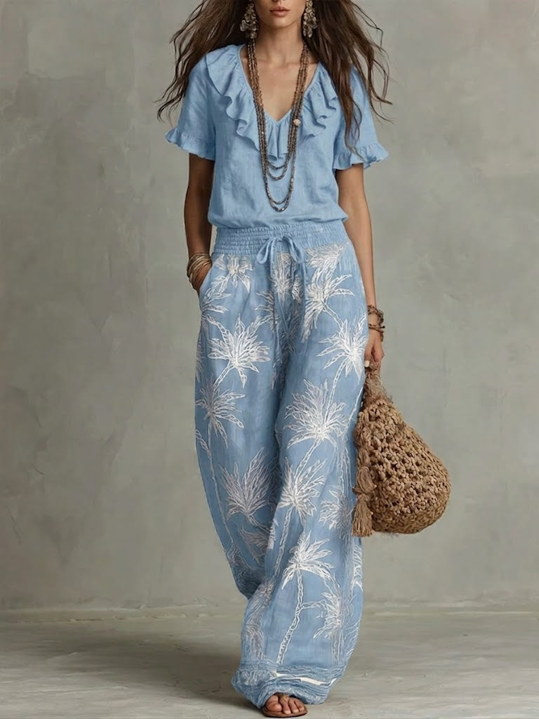 Casual Ruffled-collar Top And Printed Trousers Two-piece Set