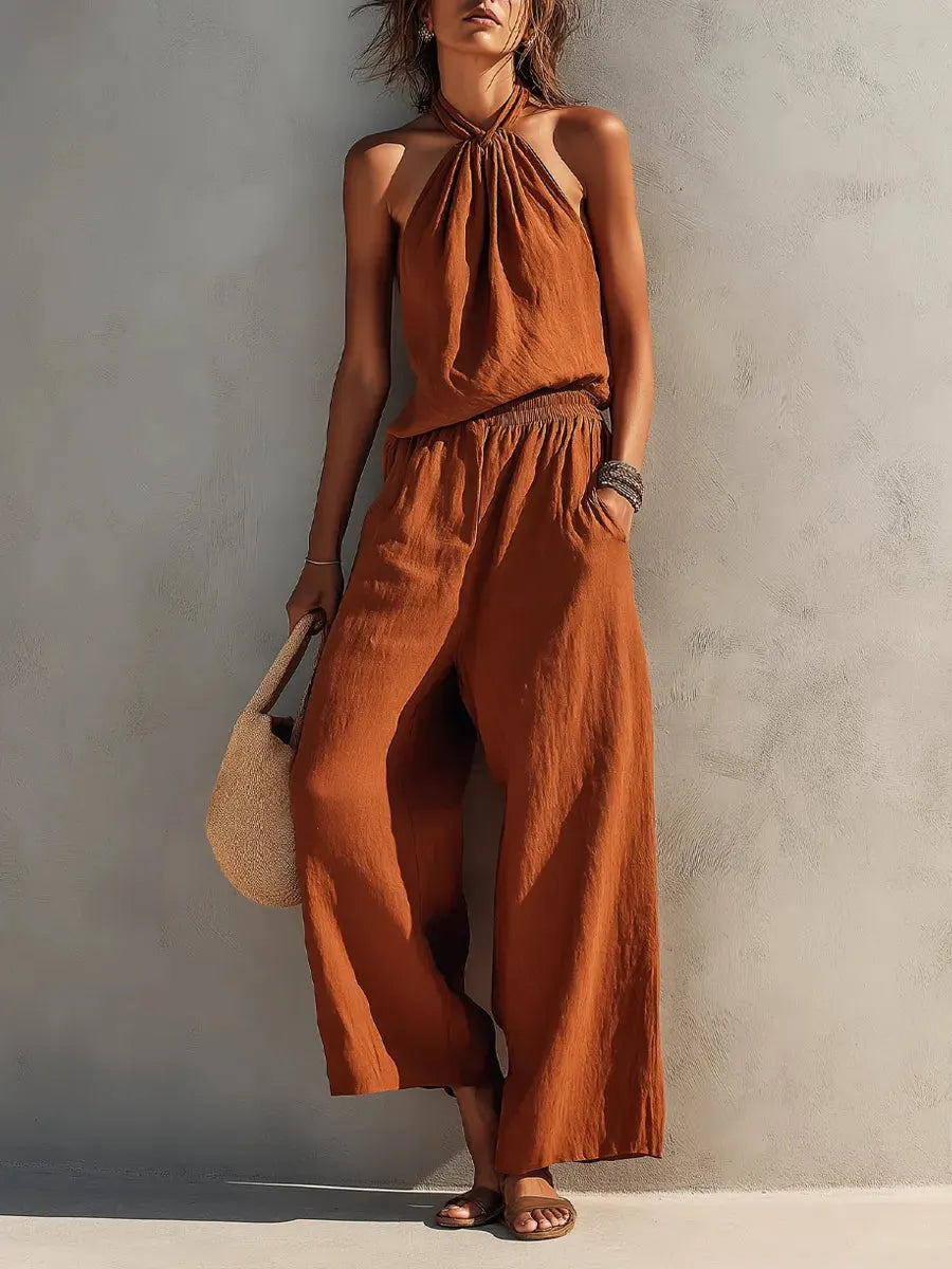 Women's Casual Halter Top And Wide-leg Pants Cotton And Linen Set