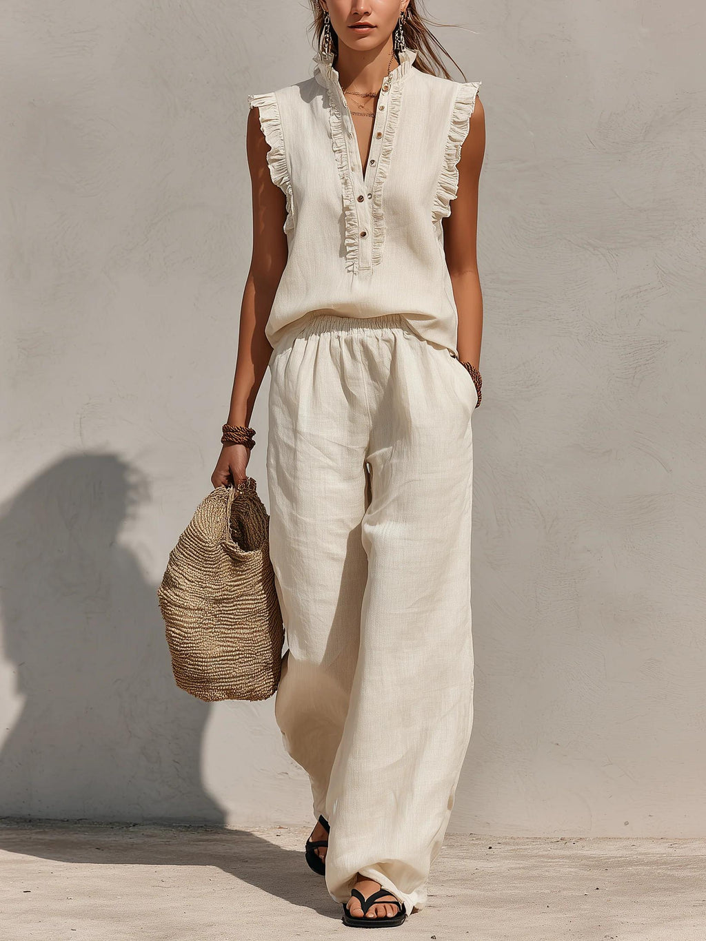 Sleeveless Ruffled V-neck Topï1⁄4elastic-waist Wide-leg Pants â Cotton-linen Casual Set