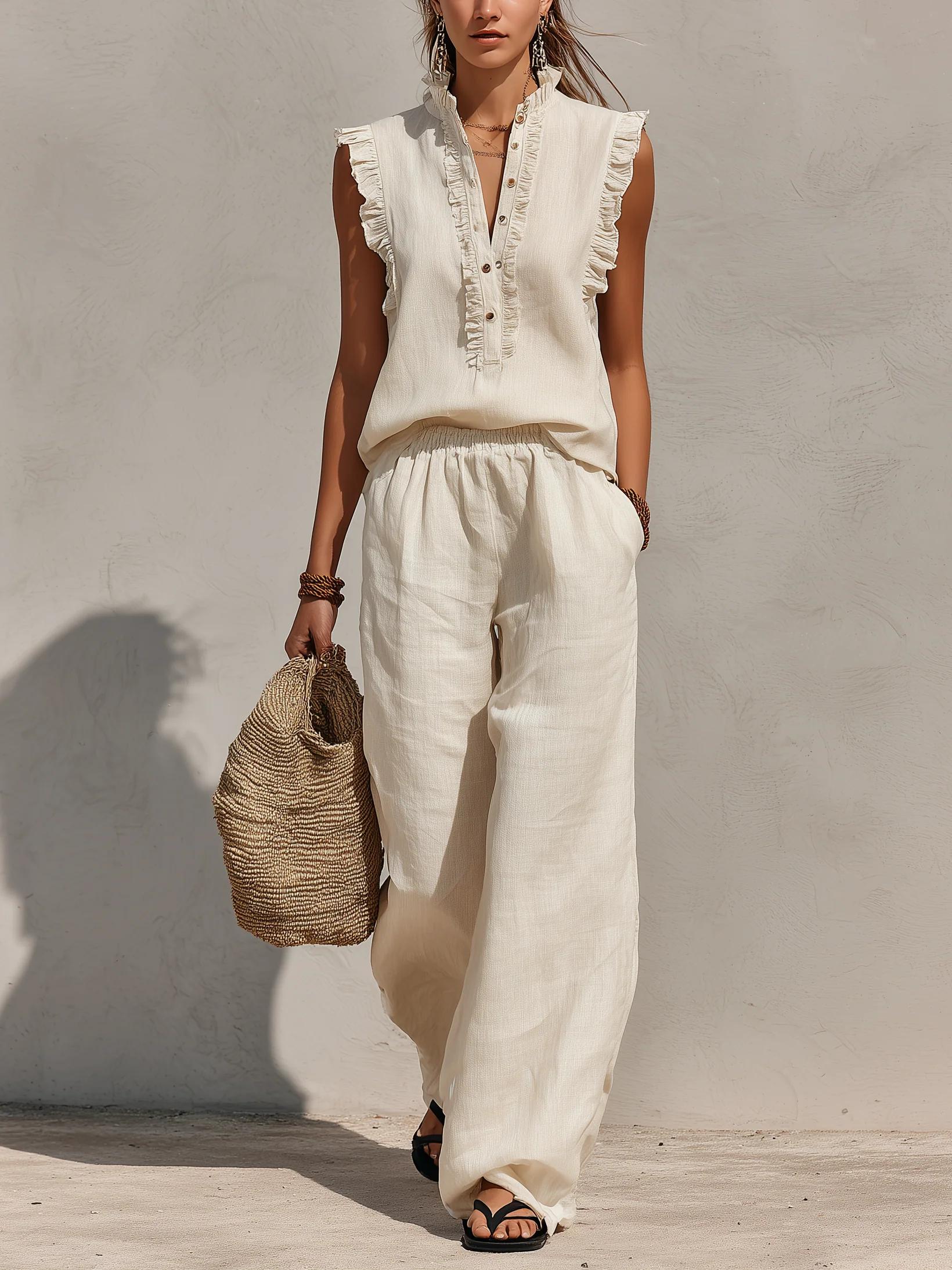 Sleeveless Ruffled V-neck Topï1⁄4elastic-waist Wide-leg Pants â Cotton-linen Casual Set
