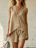 Casual Cotton-linen V-neck Button-front Sleeveless Top And Shorts Two-piece Set