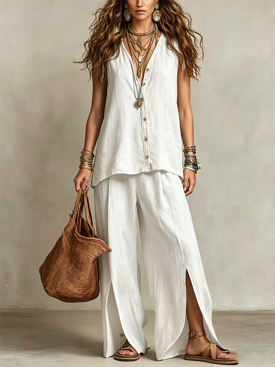 Women's V-neck Tank Top And Wide-leg Trousers Set