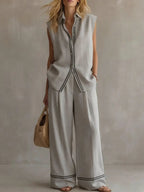 Women's Sleeveless Line-decorated Shirt And Wide-leg Pants Set