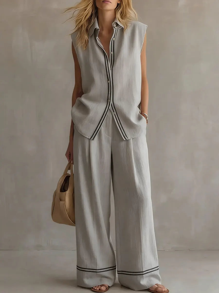 Women's Sleeveless Line-decorated Shirt And Wide-leg Pants Set