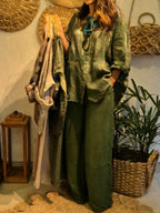Women's Casual Cotton-linen Set: Abstract Print Shirt-collar Long-sleeve Loose Top & Elastic-waist Wide-leg Pants