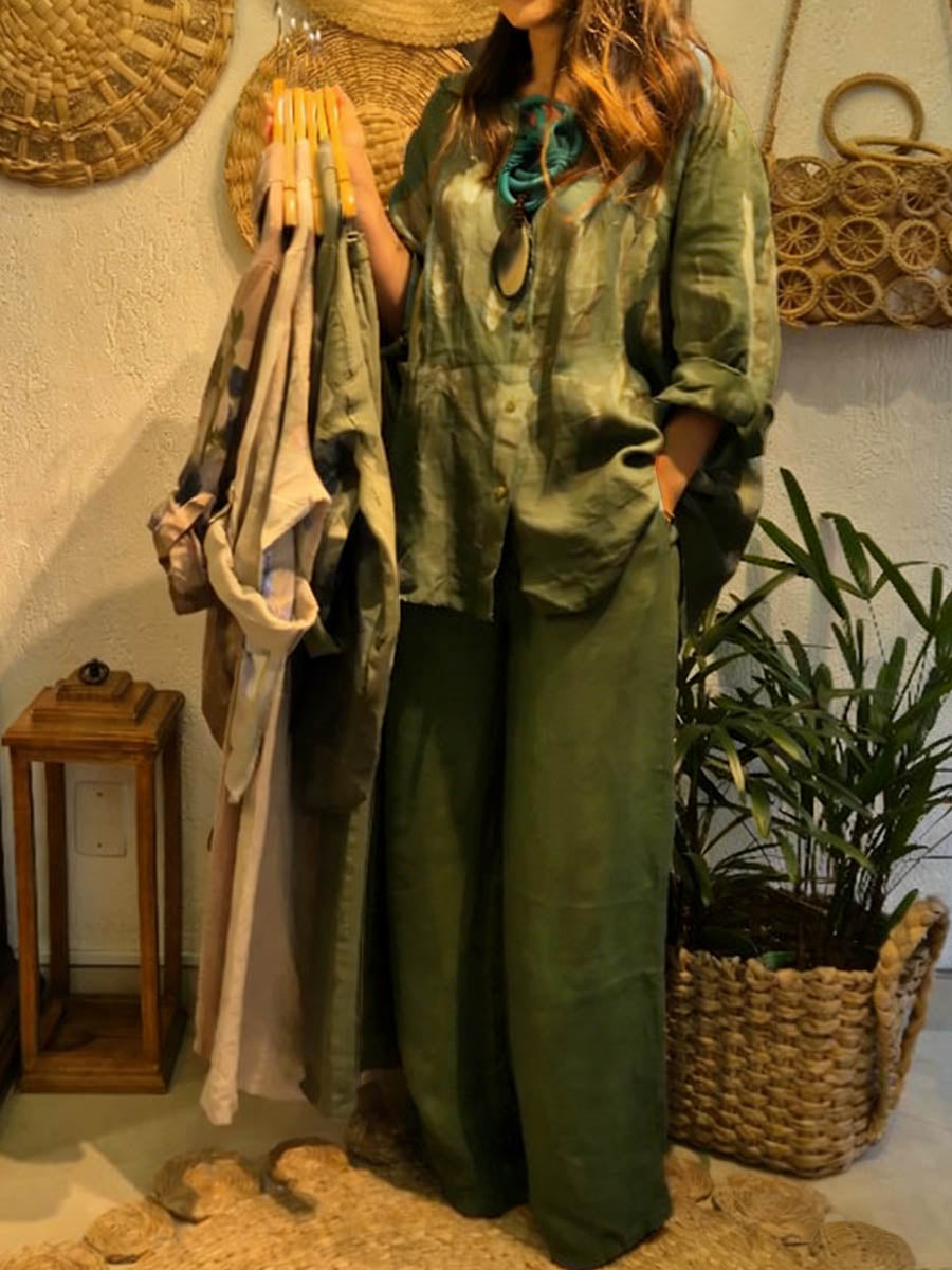 Women's Casual Cotton-linen Set: Abstract Print Shirt-collar Long-sleeve Loose Top & Elastic-waist Wide-leg Pants