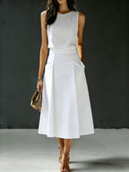 Women's Round Neck Sleeveless Casual Loose Cotton Linen Top And High-waisted Casual Loose Long Cotton Linen Set