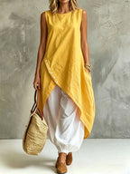 Solid-color Pockets Sleeveless Loose-fit Midi Skirt Set