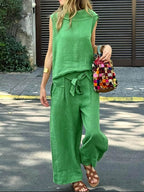 Women's Solid-color Cotton-linen Set: Sleeveless Collared Loose-fit Top & High-waisted Tie-waist Wide-leg Pants