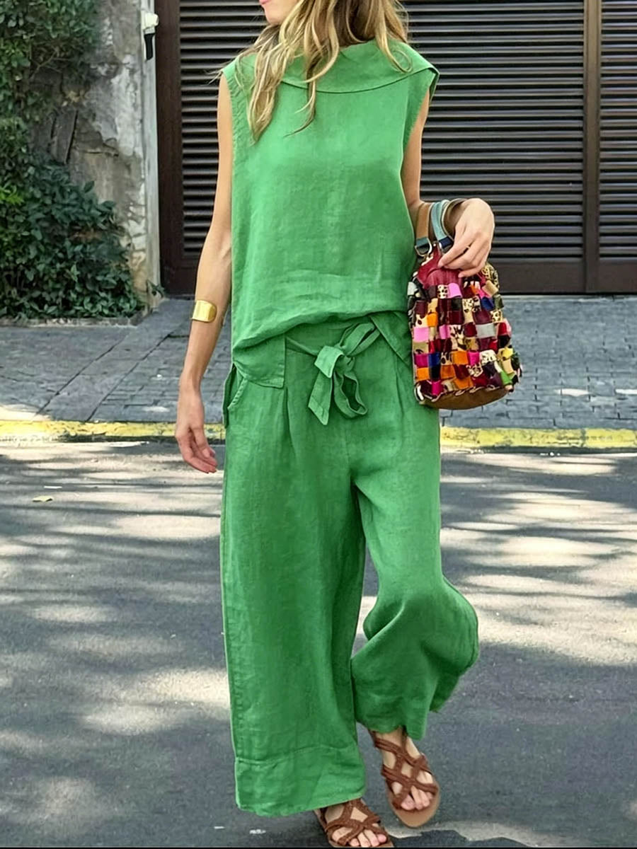 Women's Solid-color Cotton-linen Set: Sleeveless Collared Loose-fit Top & High-waisted Tie-waist Wide-leg Pants