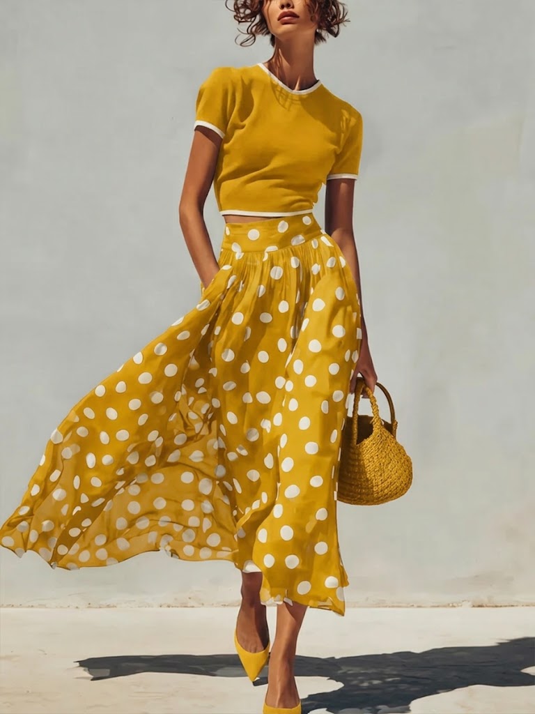 Stylish And Elegant Two-piece Set: Knitted Pullover Top And Polka-dot Skirt