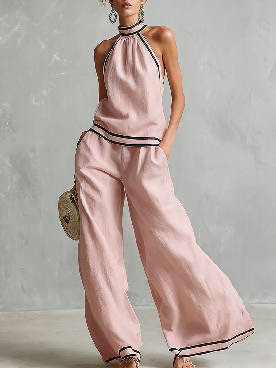 Women's Stand-up Collar Sleeveless Casual Loose Cotton And Linen Top With Elastic Waist And Wide-leg Pants Cotton And Linen Set