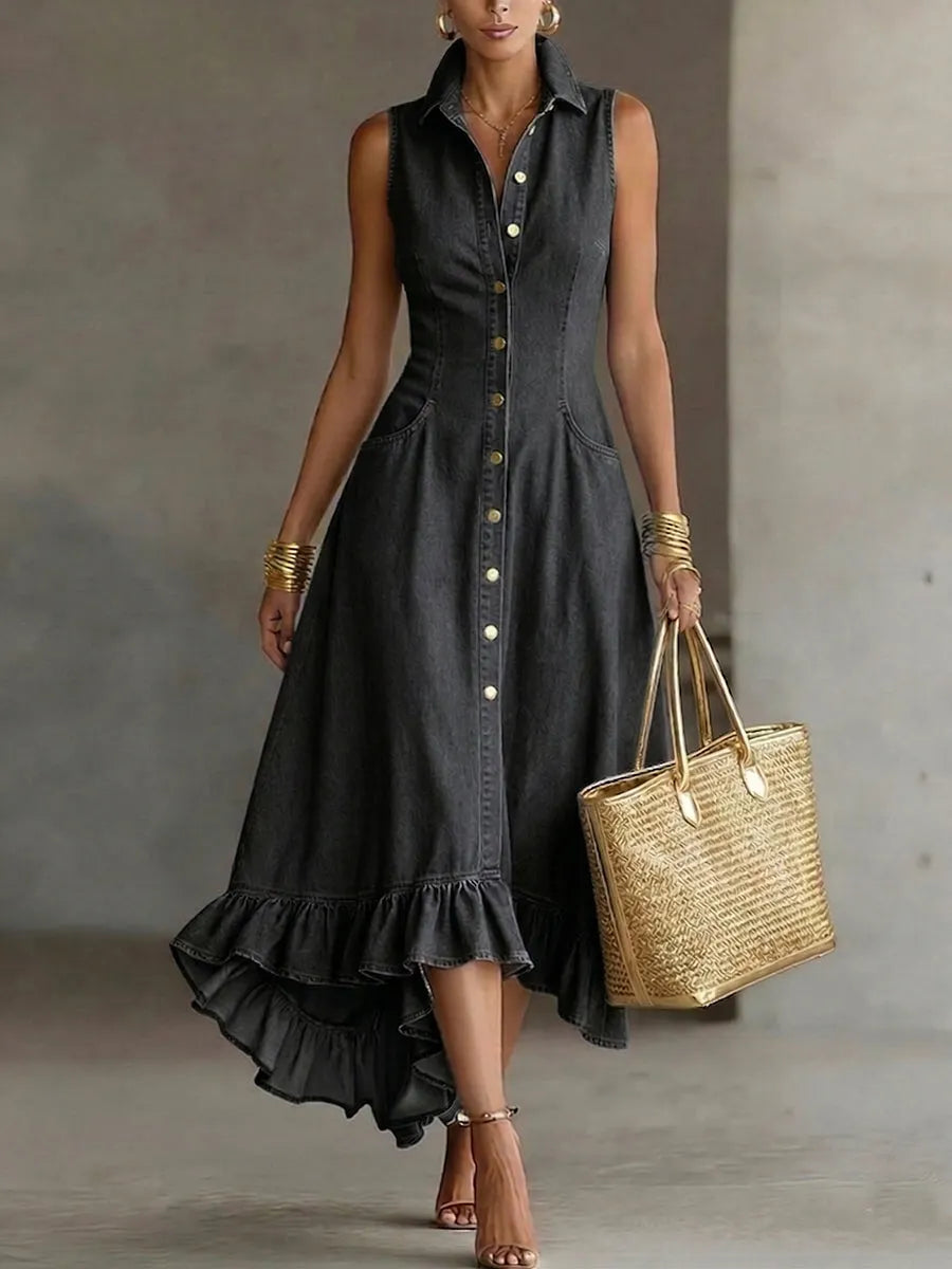 Elegant Lapel Button-front Denim Midi Dress