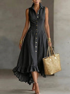 Elegant Lapel Button-front Denim Midi Dress