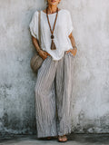 Women's Simple Top And Striped Wide-leg Pants Cotton Linen Set