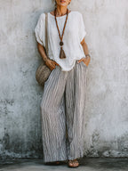 Women's Simple Top And Striped Wide-leg Pants Cotton Linen Set