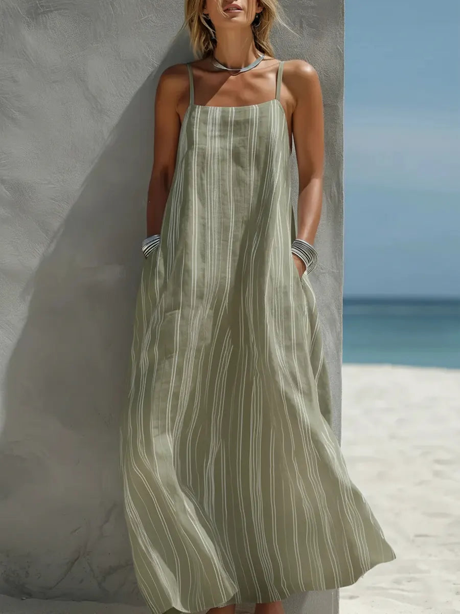 Women's Simple Striped Cotton-linen Strap Dress