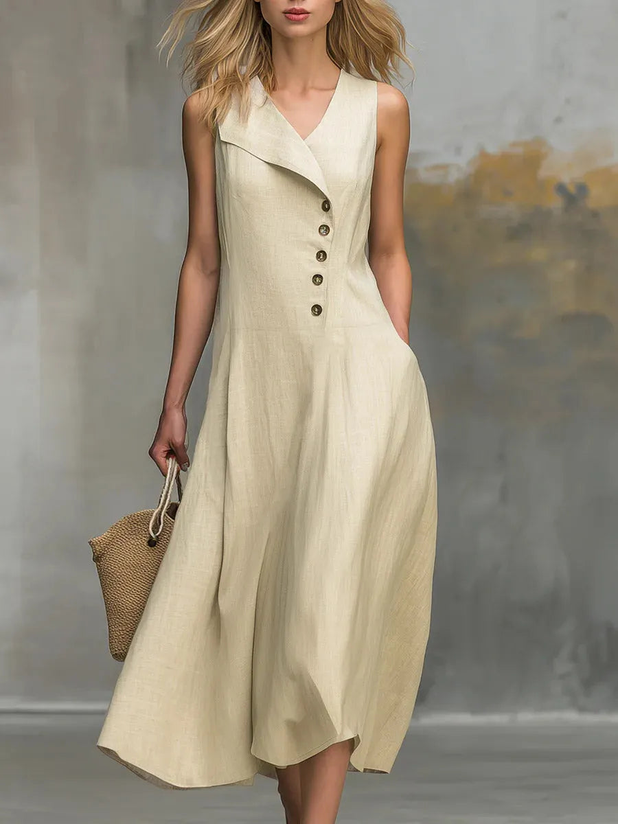 Women's Solid-color V-neck Sleeveless Casual Loose Cotton-linen Dress
