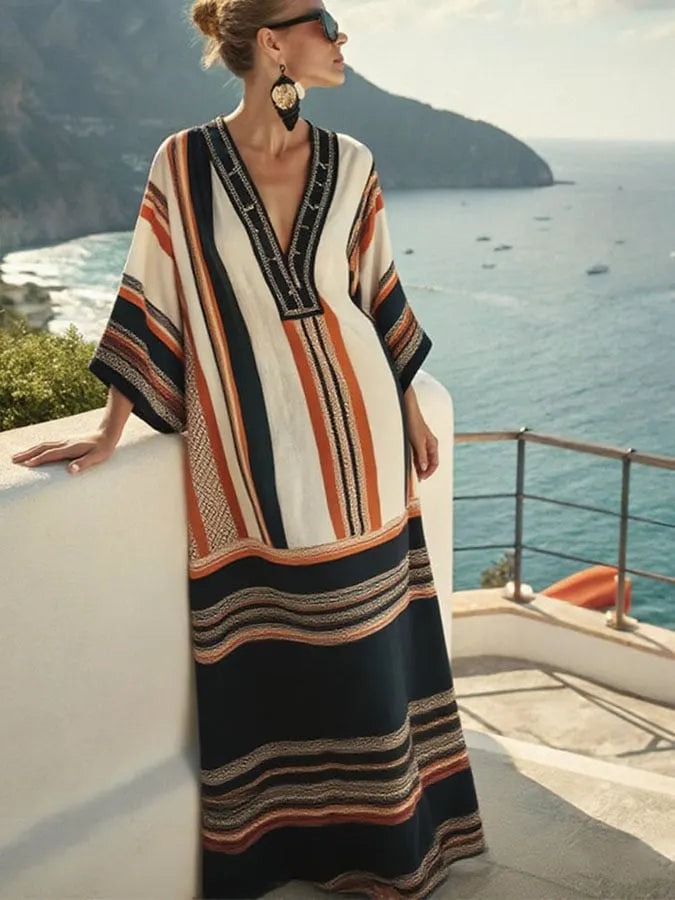 Women's Loose Contrast Stripe Printed Cotton and Linen Dress