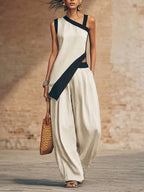 Stylish Irregular Contrast-color Trim Cotton-linen Two-piece Set
