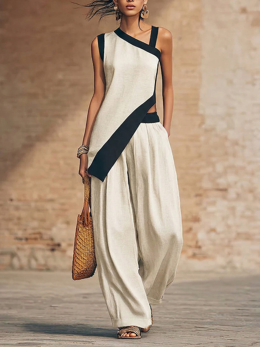 Stylish Irregular Contrast-color Trim Cotton-linen Two-piece Set