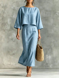Crew-neck 3/4-sleeve Loose Top & High-waisted Maxi Skirt Set