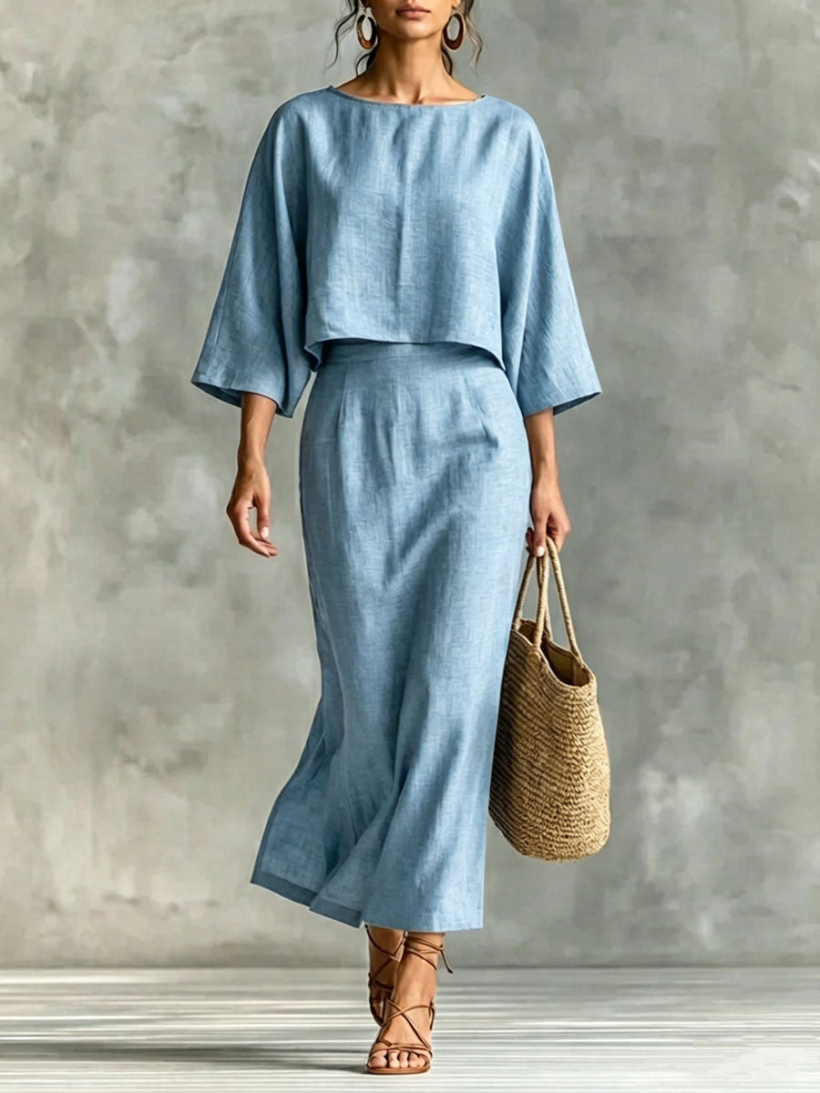 Crew-neck 3/4-sleeve Loose Top & High-waisted Maxi Skirt Set