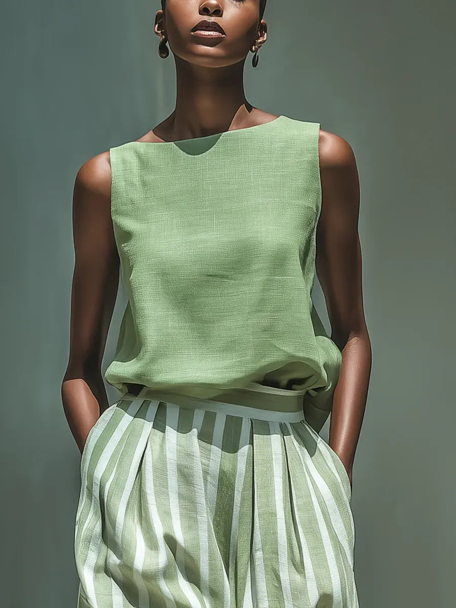 Elegant Boat-neck Shirt And Striped Wide-leg Pants Cotton-linen Set