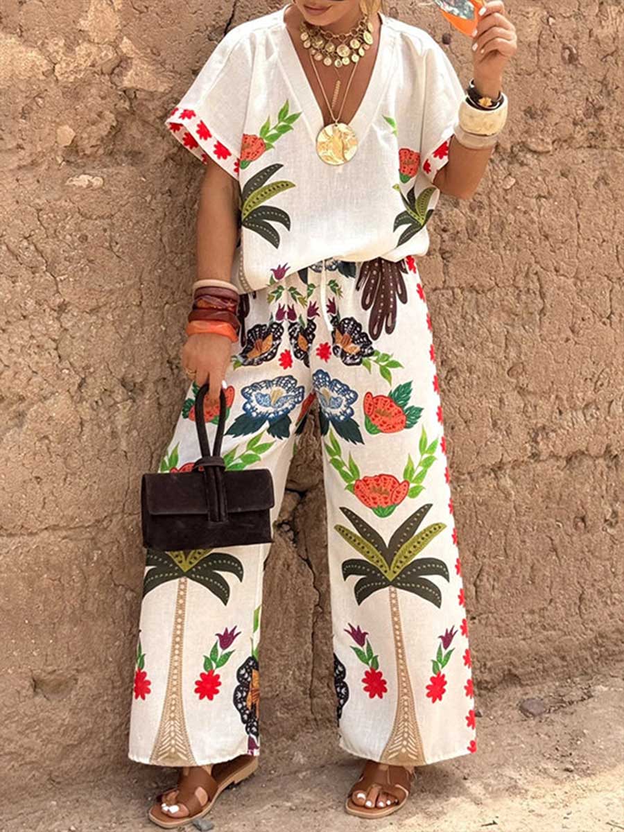 Women's Casual Cotton-linen Set: V-neck Short-sleeve Loose-fit Top With Placement Print & Elastic-waist Wide-leg Pants