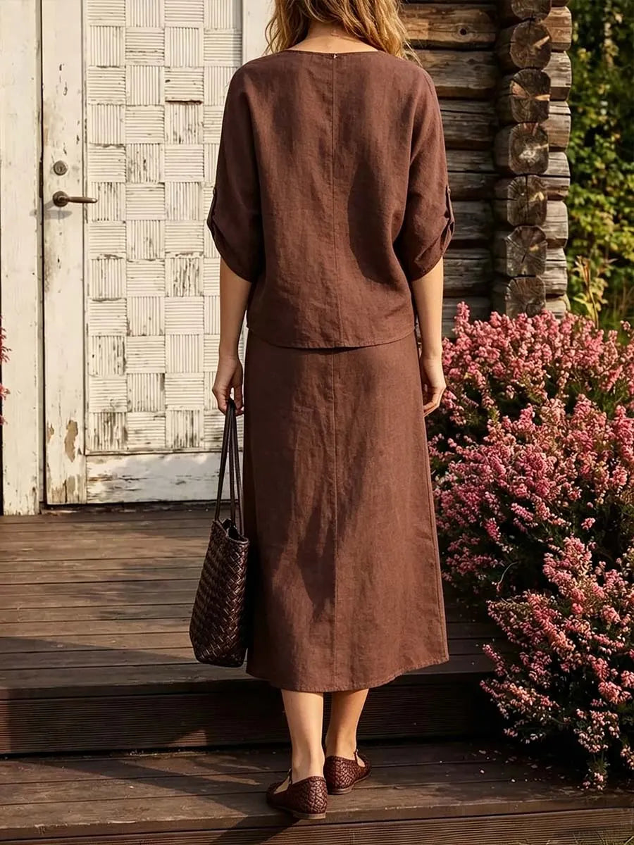 Women's Solid-color Cotton-linen Two-piece Set: Loose-fit V-neck 3/4-sleeve Top & High-waisted A-line Skirt