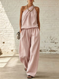 Solid-color Sleeveless Solid-color Double-layer Top & Wide-leg Pants Set