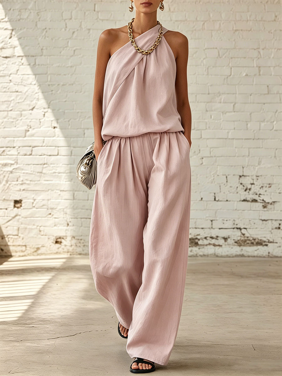 Solid-color Sleeveless Solid-color Double-layer Top & Wide-leg Pants Set