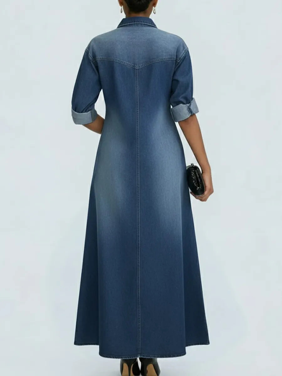 Women's Lapel Long-sleeved Casual Loose Denim Shirt Dress