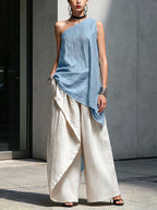 Women's Casual Cotton-linen Set: Off-shoulder Sleeveless Loose-fit Top & High-waisted Wide-leg Pants