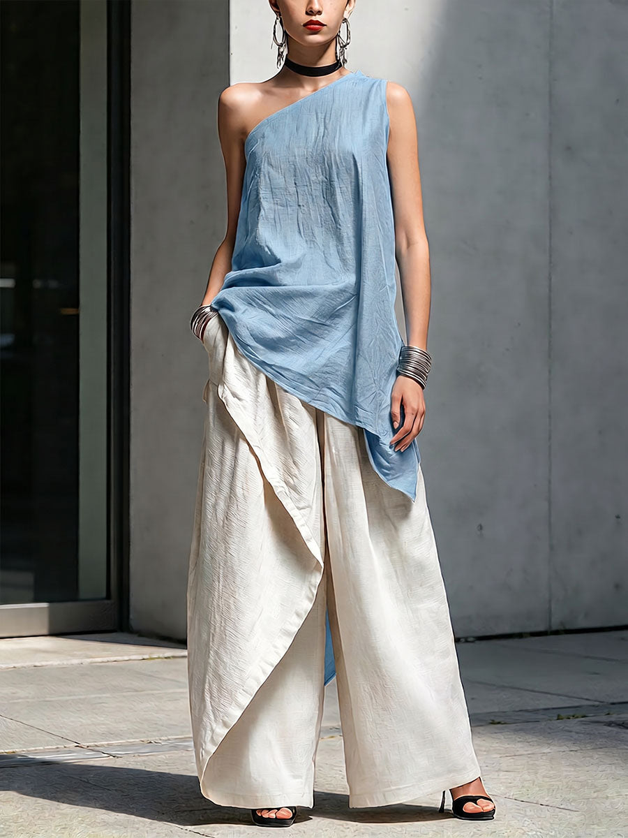 Women's Casual Cotton-linen Set: Off-shoulder Sleeveless Loose-fit Top & High-waisted Wide-leg Pants