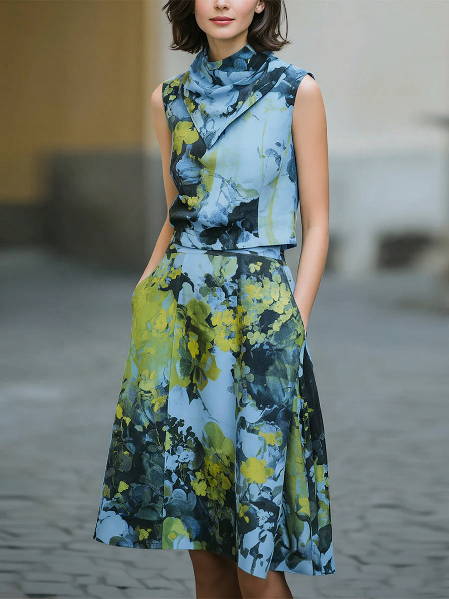 Elegant Floral Print Shirt And Skirt Two-piece Set