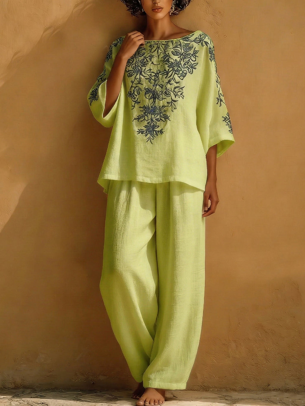 Vintage Floral Print Loose Cotton And Linen Two-piece Set