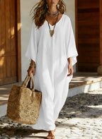 Elegant V-neck Linen-cotton Kaftan Dress