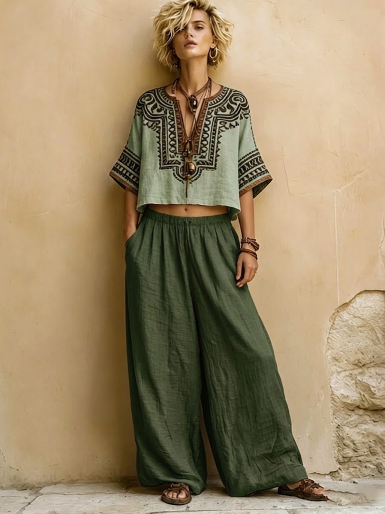 Bohemian Ethnic-print Linen And Cotton Shirt And Pants Two-piece Set