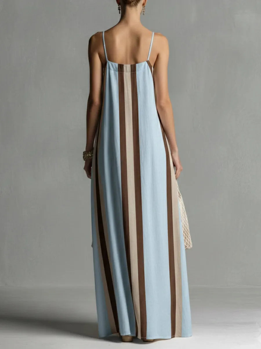 Casual Striped Linen And Cotton Maxi Sleeveless Dress