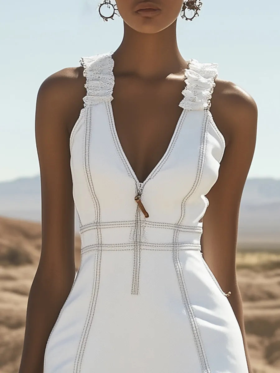 [24-hour shipping out]Stylish Casual White Denim Zipper Ruffle Trim Mini Dress