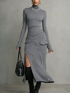 Women's High-neck Zipper Long-sleeved Long Skirt Casual Fashion Solid Color Set