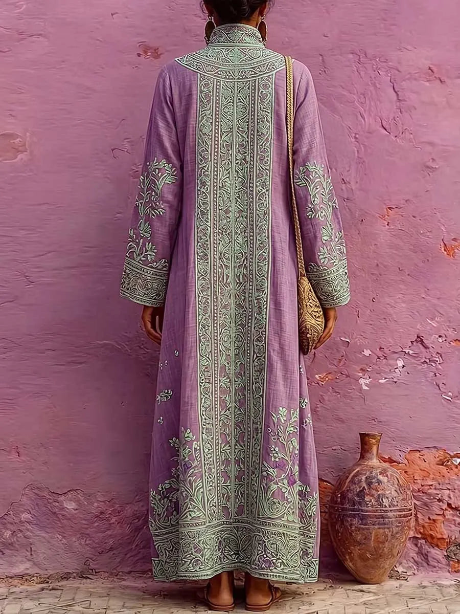 Women's Casual Loose Cotton-linen Dress With Placement Print Stand Collar And Long Sleeves