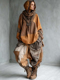 Women's Ethnic Stylish Casual Hooded Patchwork Cotton And Linen Top And Pants Two-piece Set