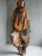 Women's Ethnic Stylish Casual Hooded Patchwork Cotton And Linen Top And Pants Two-piece Set