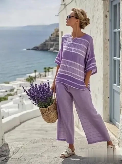 Women'S Loose Striped Printed Wide Leg Pants Set