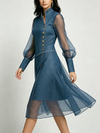 Stylish Stand-collar Organza-paneled Denim Dress