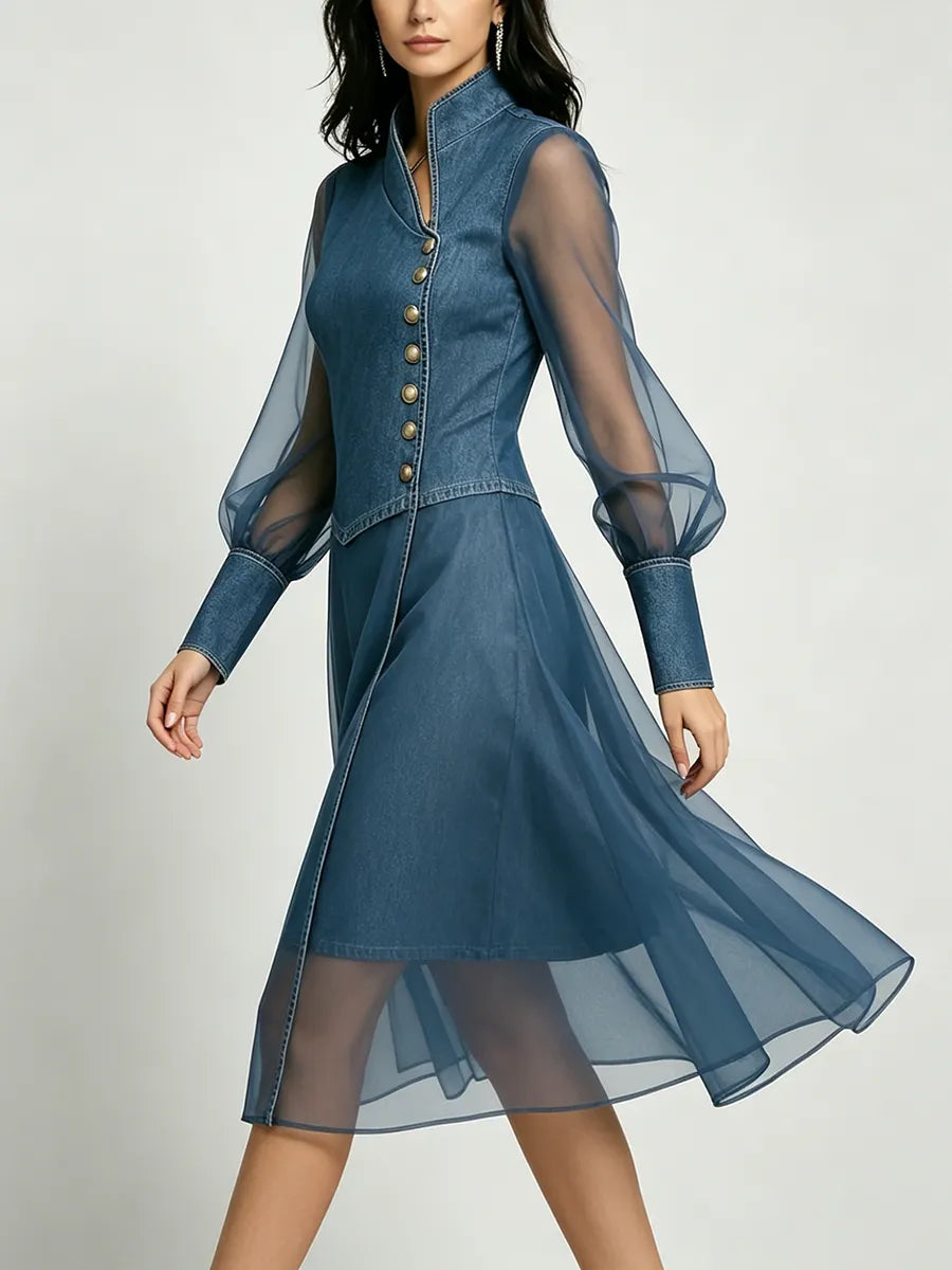 Stylish Stand-collar Organza-paneled Denim Dress