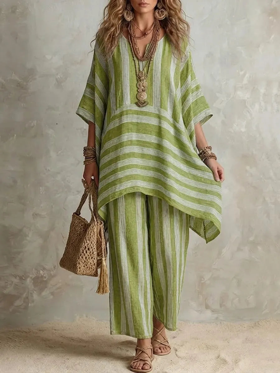 Casual Loose Striped Cotton And Linen Top And Pants Two-piece Set
